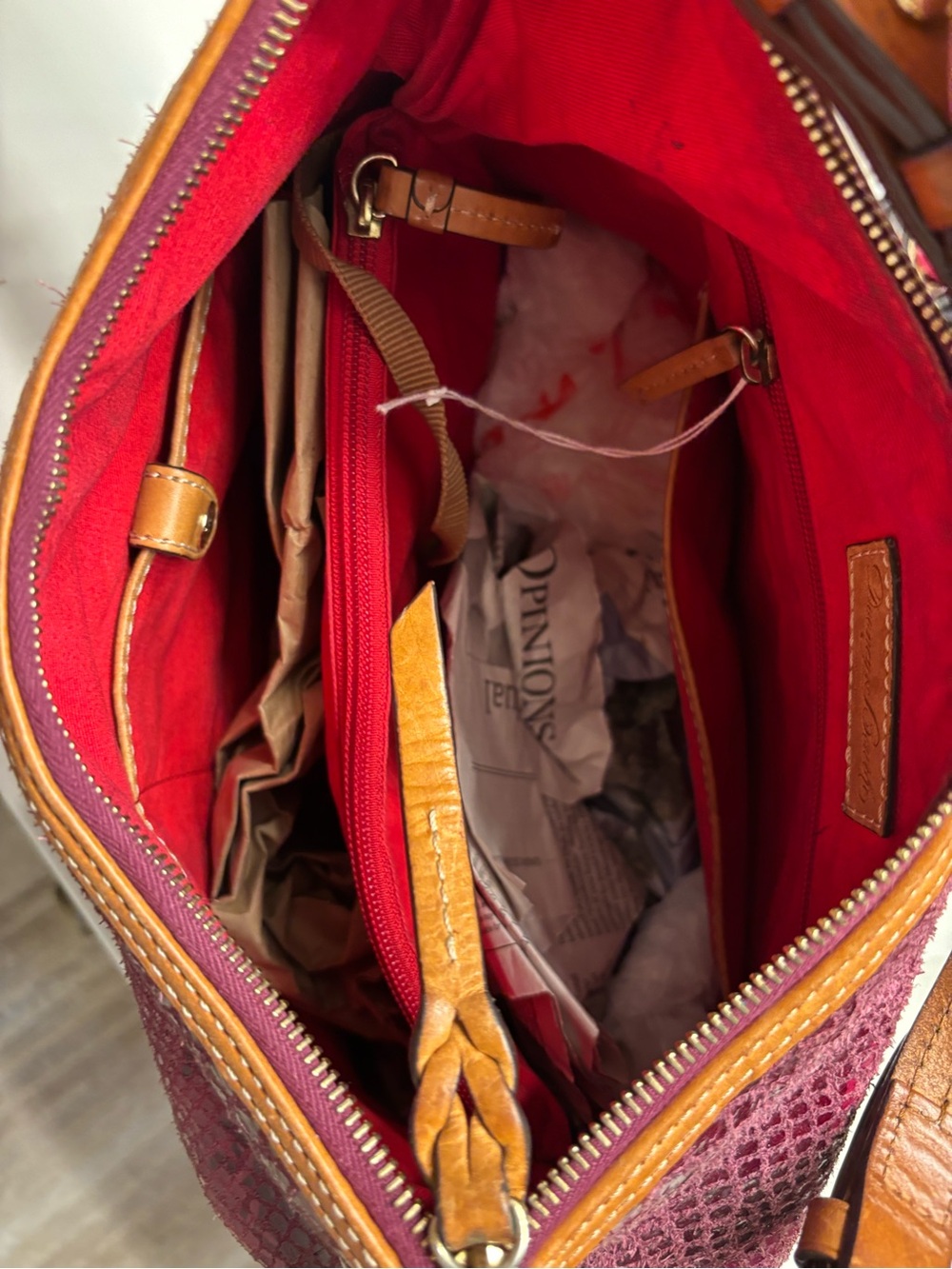 Dooney & Bourke Burgundy Snakeskin-Texture Shoulder Bag with Tan Trim - Picture 4 of 4